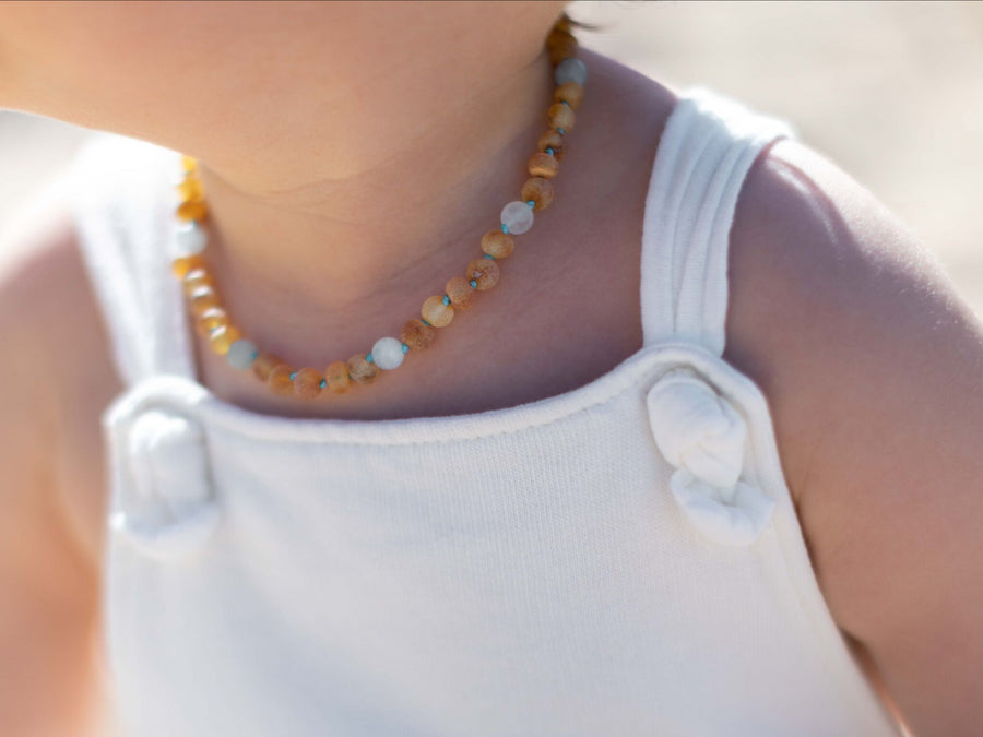 RAW HONEY BALTIC AMBER NECKLACE/BRACELET SET WITH AQUAMARINE