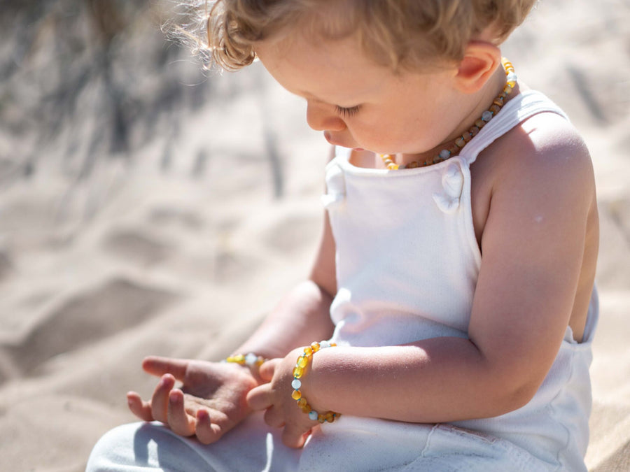 RAW HONEY BALTIC AMBER NECKLACE/BRACELET SET WITH AQUAMARINE