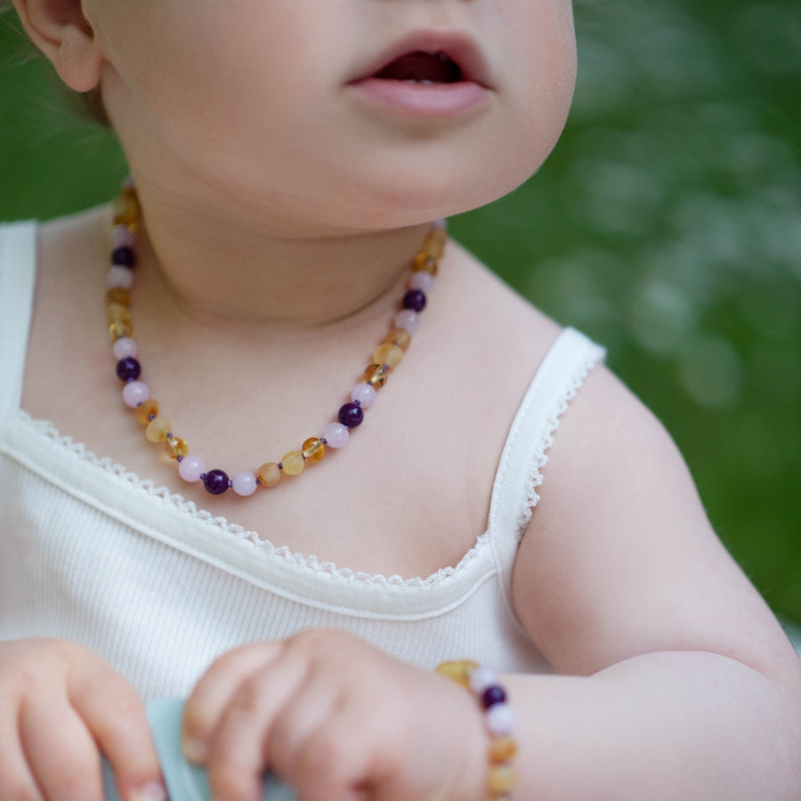 MULTICOLOR BALTIC AMBER TEETHING NECKLACE WITH CHALCEDONY