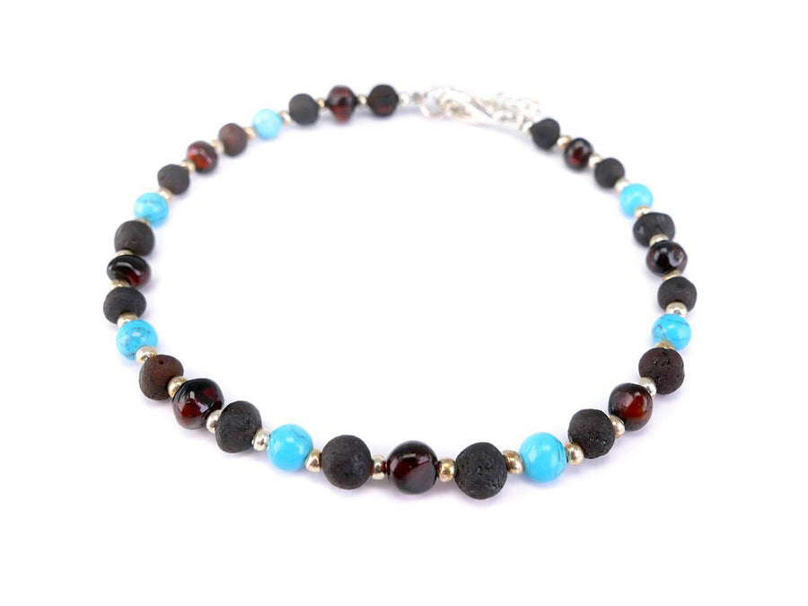 ADJUSTABLE DARK CHERRY BALTIC AMBER ADULT BRACELET WITH TURQUOISE