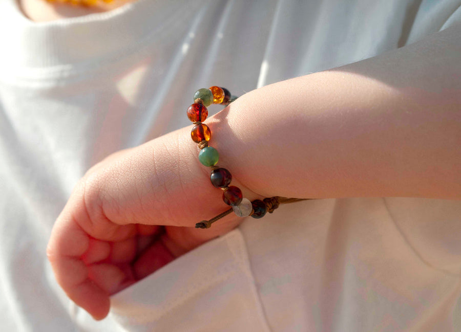 ADJUSTABLE MULTICOLOR BALTIC AMBER BRACELET / ANKLET WITH INDIAN AGATE