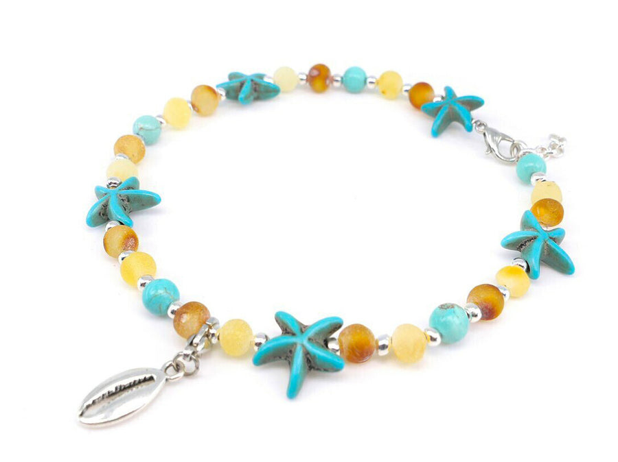 ADJUSTABLE MULTICOLOR BALTIC AMBER ADULT ANKLET WITH TURQUOISE