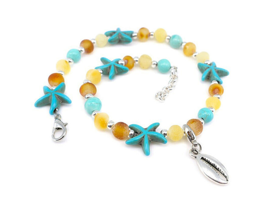 ADJUSTABLE MULTICOLOR BALTIC AMBER ADULT ANKLET WITH TURQUOISE