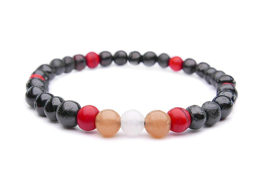 STRETCH POLISHED DARK CHERRY BALTIC AMBER ADULT BRACELET WITH SUNSTONE & MOONSTONE