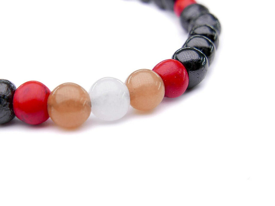 STRETCH POLISHED DARK CHERRY BALTIC AMBER ADULT BRACELET WITH SUNSTONE & MOONSTONE