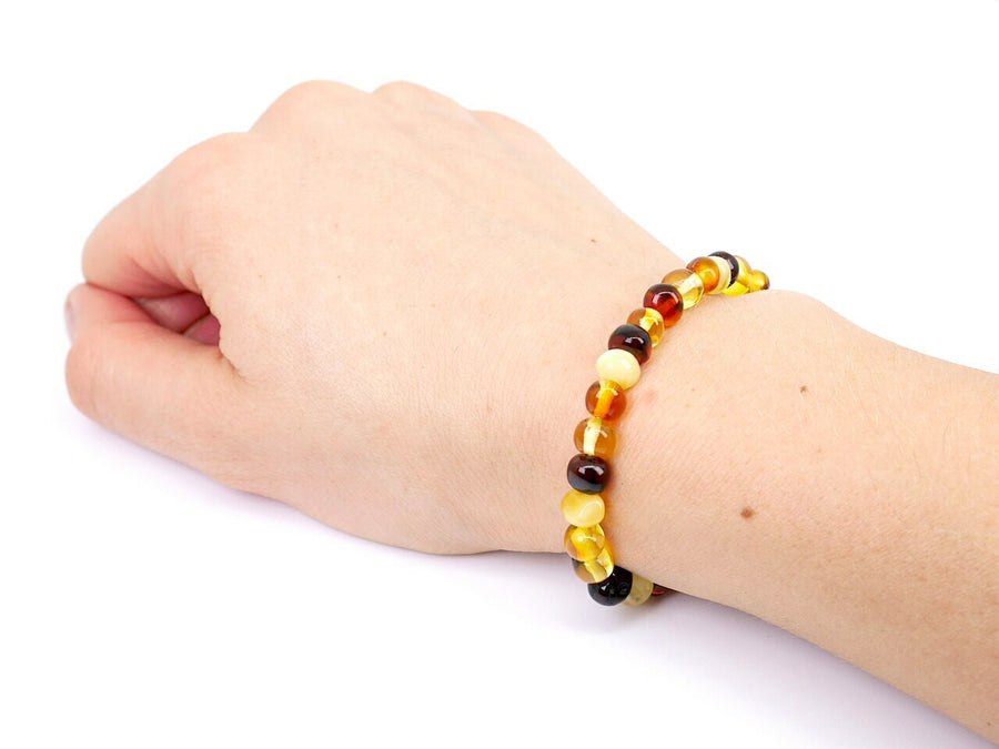 STRETCH POLISHED MULTICOLOR BALTIC AMBER ADULT BRACELET