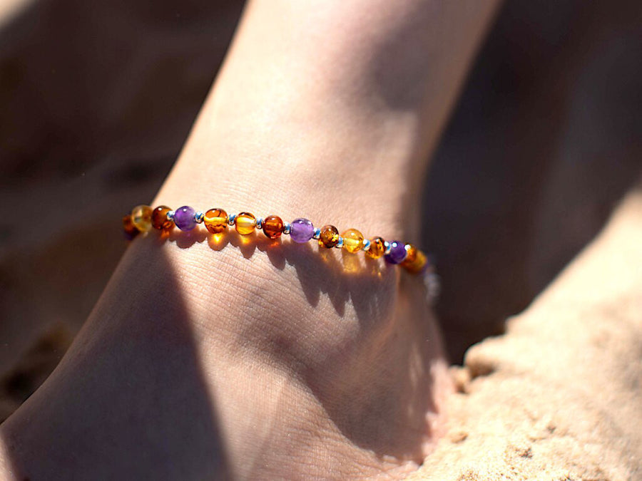 ADJUSTABLE COGNAC BALTIC AMBER ADULT ANKLET WITH AMETHYST