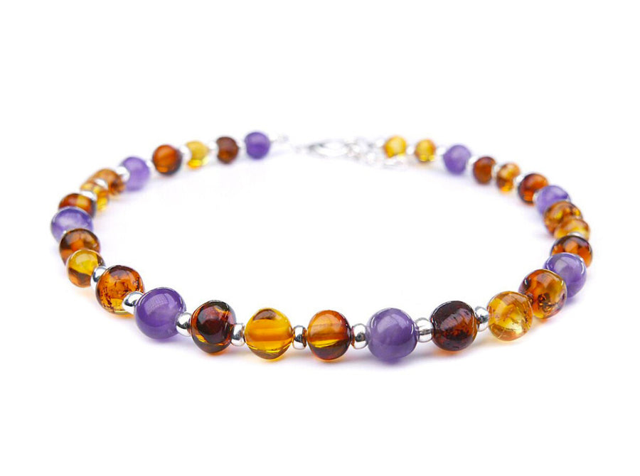 ADJUSTABLE COGNAC BALTIC AMBER ADULT ANKLET WITH AMETHYST