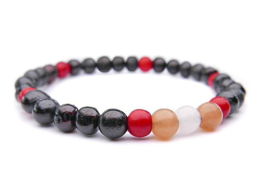 STRETCH POLISHED DARK CHERRY BALTIC AMBER ADULT BRACELET WITH SUNSTONE & MOONSTONE