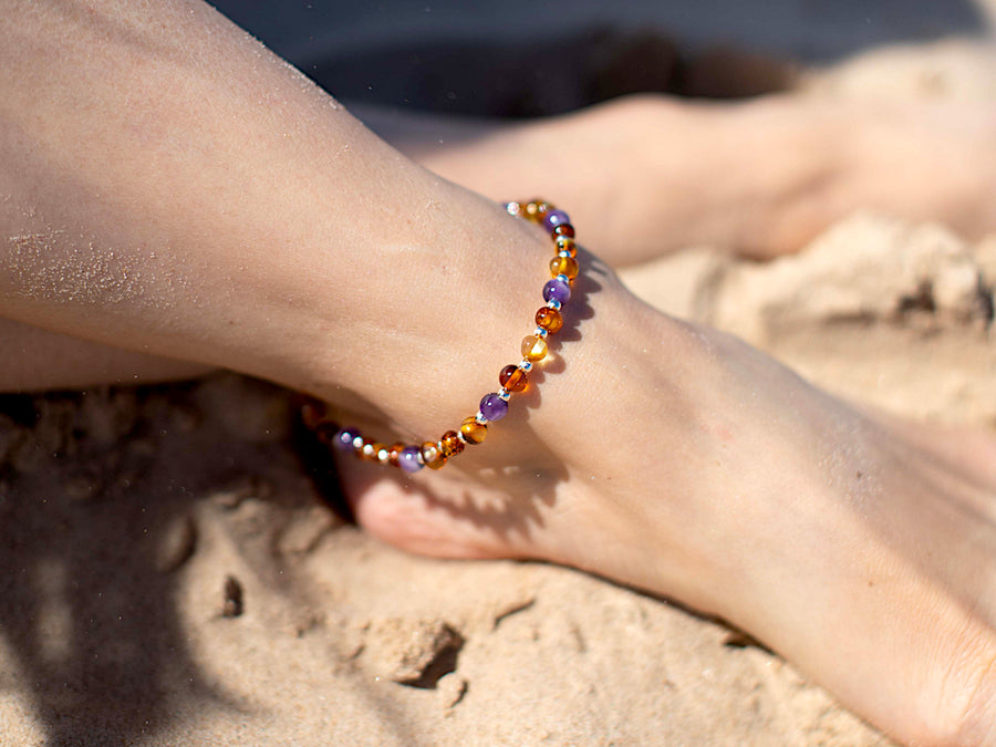 ADJUSTABLE COGNAC BALTIC AMBER ADULT ANKLET WITH AMETHYST