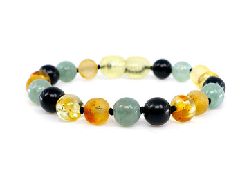 MULTICOLOR BALTIC AMBER BRACELET / ANKLET WITH JADE & OBSIDIAN