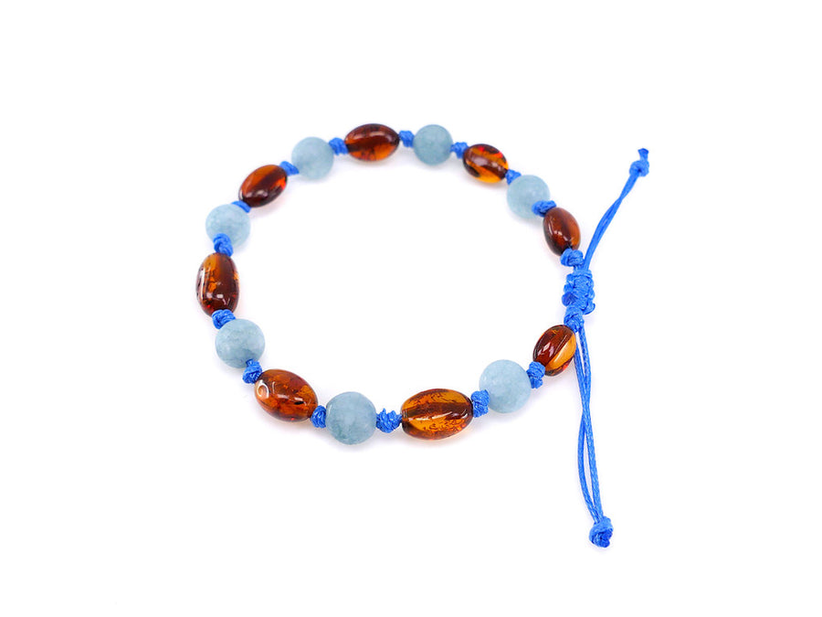 ADJUSTABLE COGNAC BALTIC AMBER BRACELET / ANKLET WITH BLUE AQUAMARINE