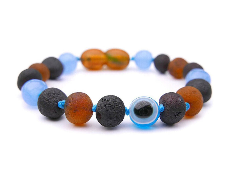 RAW MULTICOLORED BALTIC AMBER BRACELET / ANKLET WITH BLUE JADE BEADS