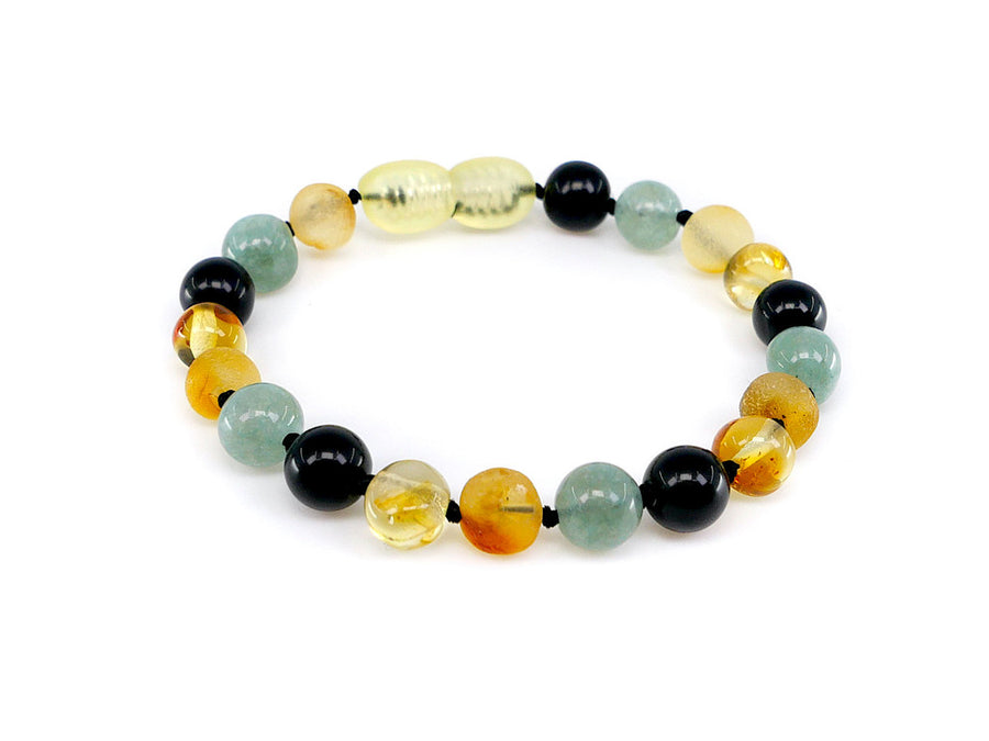 MULTICOLOR BALTIC AMBER BRACELET / ANKLET WITH JADE & OBSIDIAN