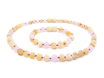 RAW BUTTERSCOTCH BALTIC AMBER NECKLACE/BRACELET SET WITH ROSE QUARTZ