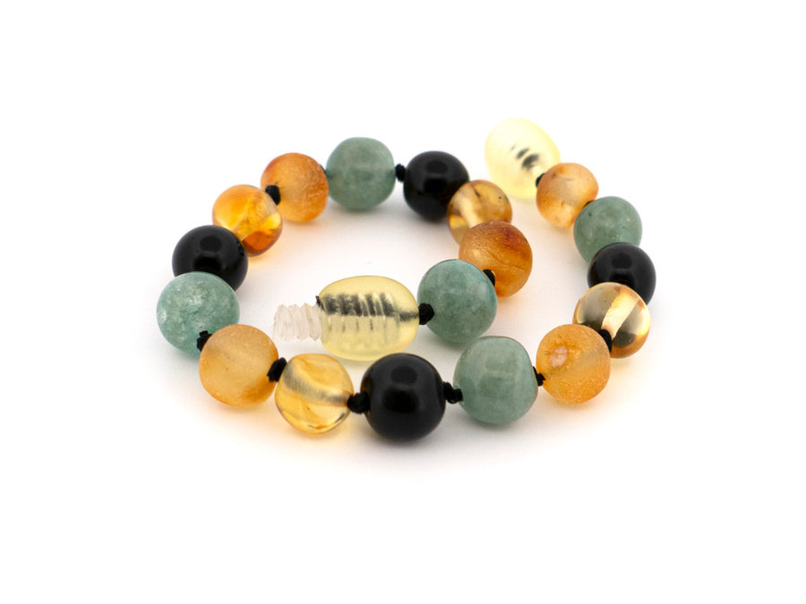 MULTICOLOR BALTIC AMBER BRACELET / ANKLET WITH JADE & OBSIDIAN