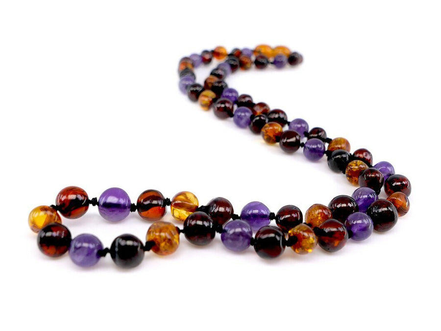 POLISHED MULTICOLOR ADULT BALTIC AMBER NECKLACE WITH AMETHYST