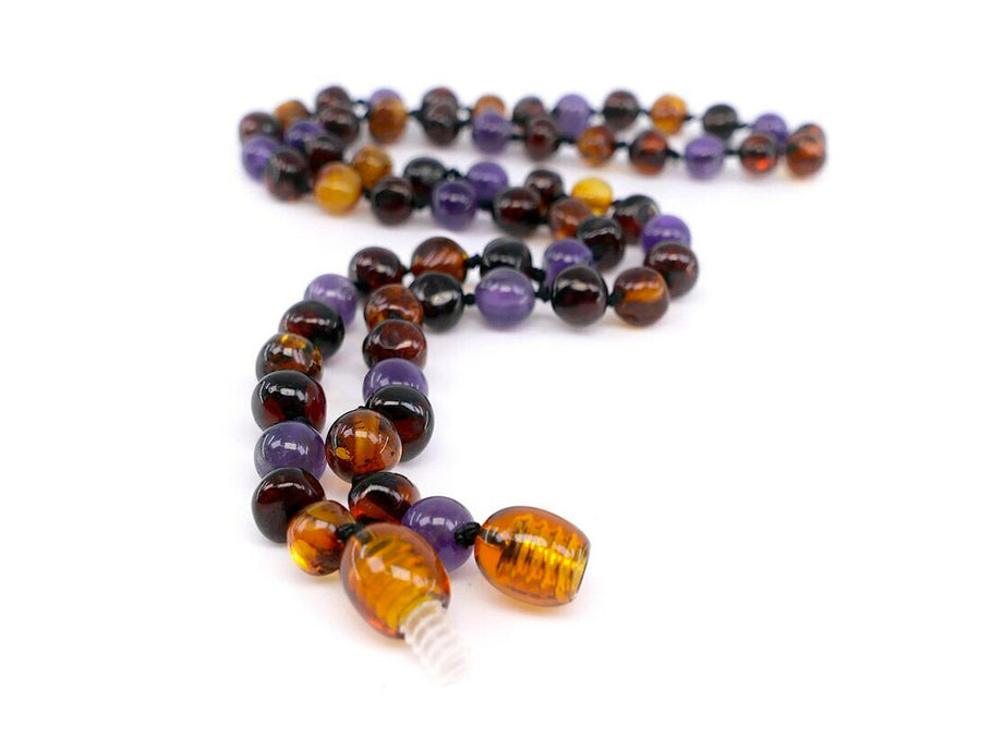 POLISHED MULTICOLOR ADULT BALTIC AMBER NECKLACE WITH AMETHYST