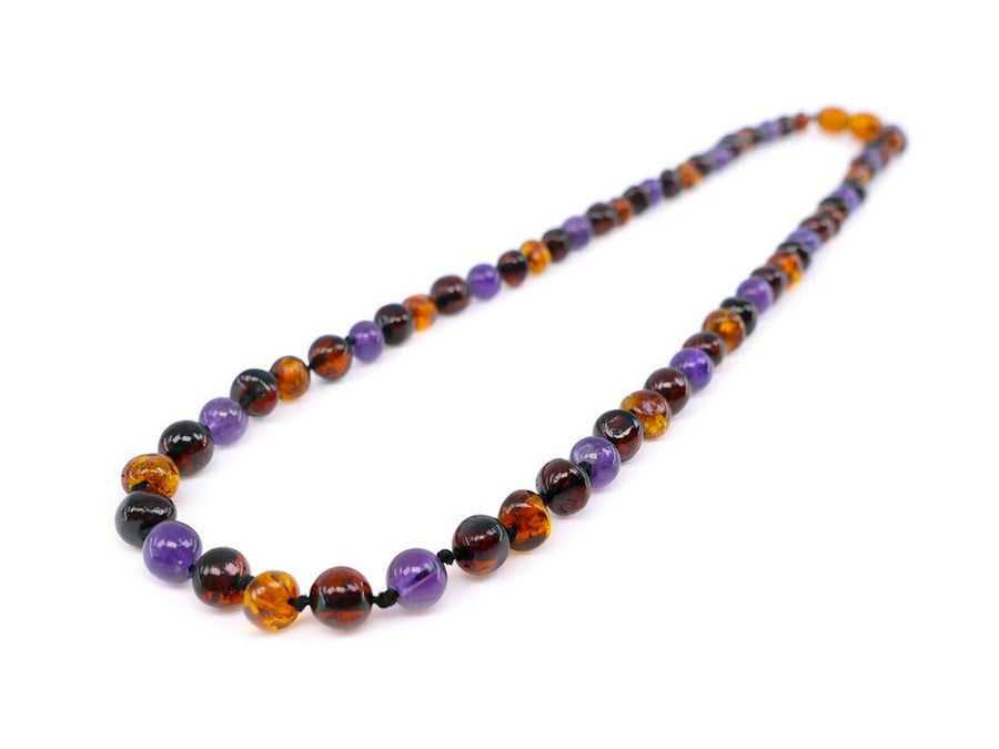 POLISHED MULTICOLOR ADULT BALTIC AMBER NECKLACE WITH AMETHYST