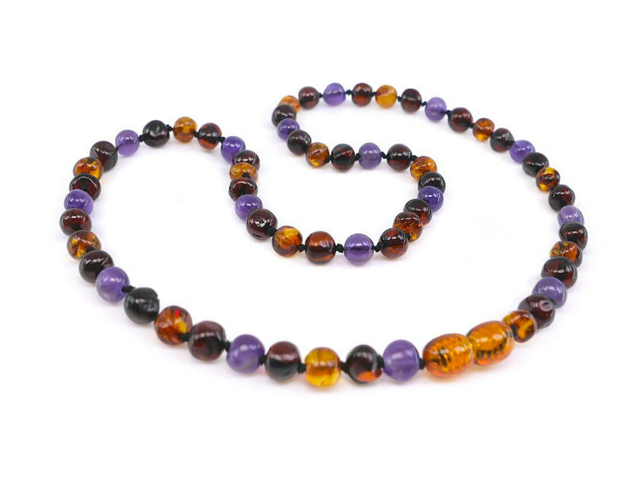 POLISHED MULTICOLOR ADULT BALTIC AMBER NECKLACE WITH AMETHYST