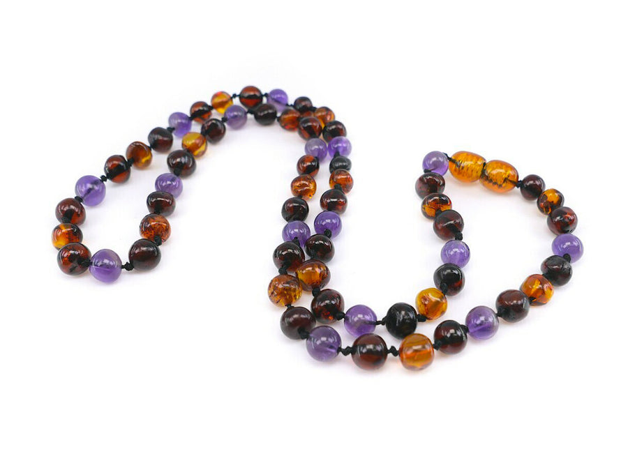 POLISHED MULTICOLOR ADULT BALTIC AMBER NECKLACE WITH AMETHYST