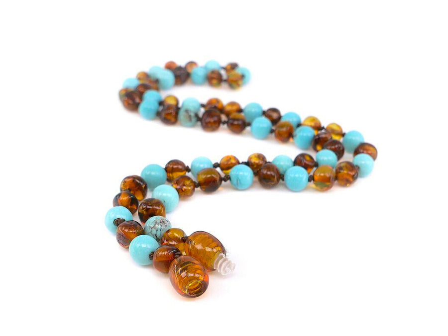 POLISHED COGNAC ADULT BALTIC AMBER NECKLACE WITH TURQUOISE