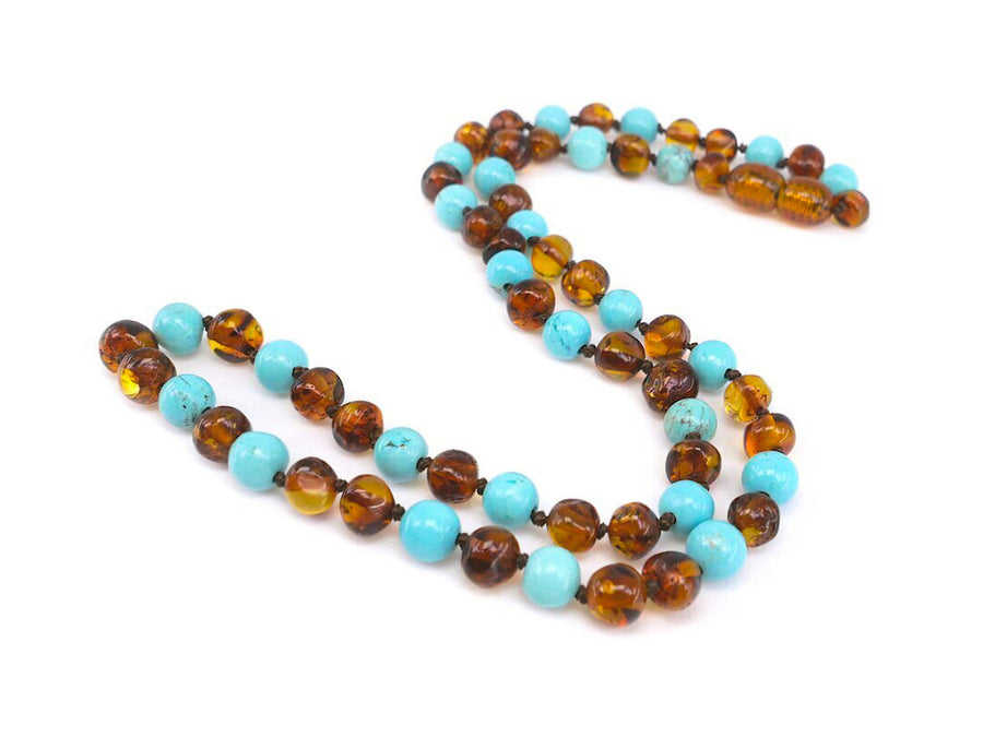 POLISHED COGNAC ADULT BALTIC AMBER NECKLACE WITH TURQUOISE