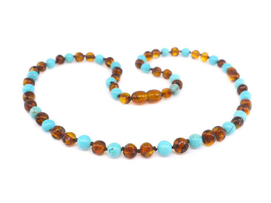 POLISHED COGNAC ADULT BALTIC AMBER NECKLACE WITH TURQUOISE