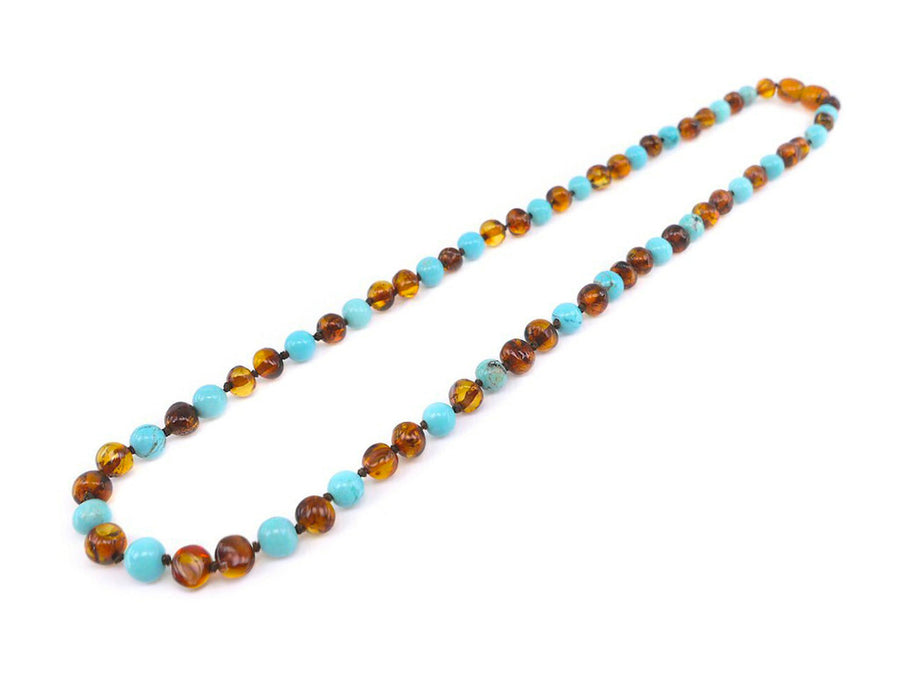 POLISHED COGNAC ADULT BALTIC AMBER NECKLACE WITH TURQUOISE