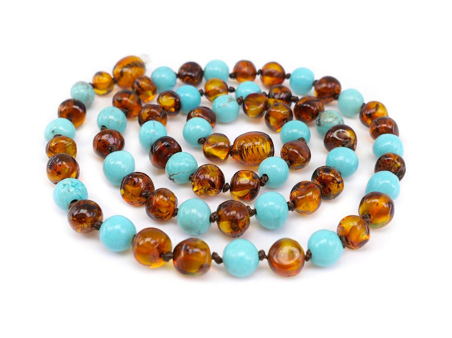 POLISHED COGNAC ADULT BALTIC AMBER NECKLACE WITH TURQUOISE