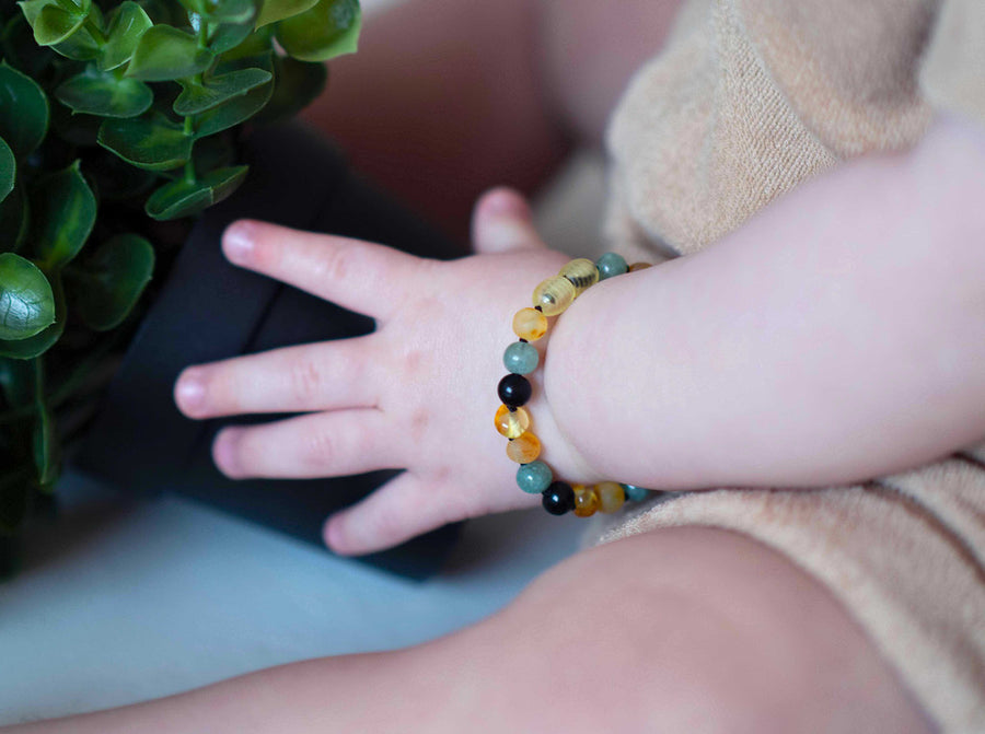 MULTICOLOR BALTIC AMBER BRACELET / ANKLET WITH JADE & OBSIDIAN