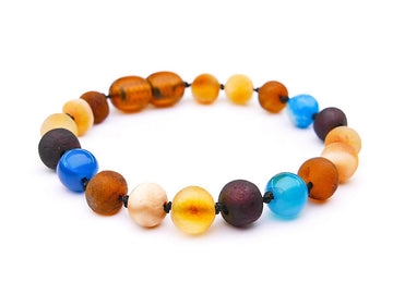 RAW MULTICOLORED BALTIC AMBER BRACELET / ANKLET WITH BLUE AGATE