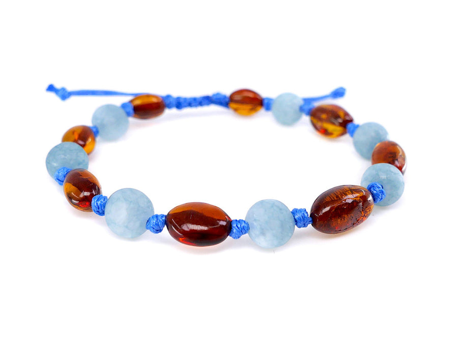 ADJUSTABLE COGNAC BALTIC AMBER BRACELET / ANKLET WITH BLUE AQUAMARINE