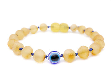 RAW HONEY BALTIC AMBER TEETHING BRACELET / ANKLET WITH EVIL EYE BEAD