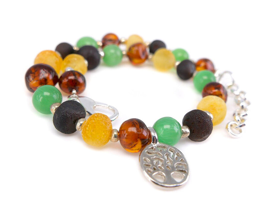 ADJUSTABLE MULTICOLOR BALTIC AMBER ADULT BRACELET WITH CAT EYE & TREE OF LIFE