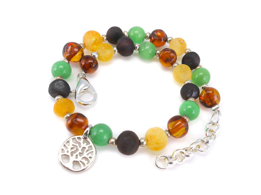 ADJUSTABLE MULTICOLOR BALTIC AMBER ADULT BRACELET WITH CAT EYE & TREE OF LIFE