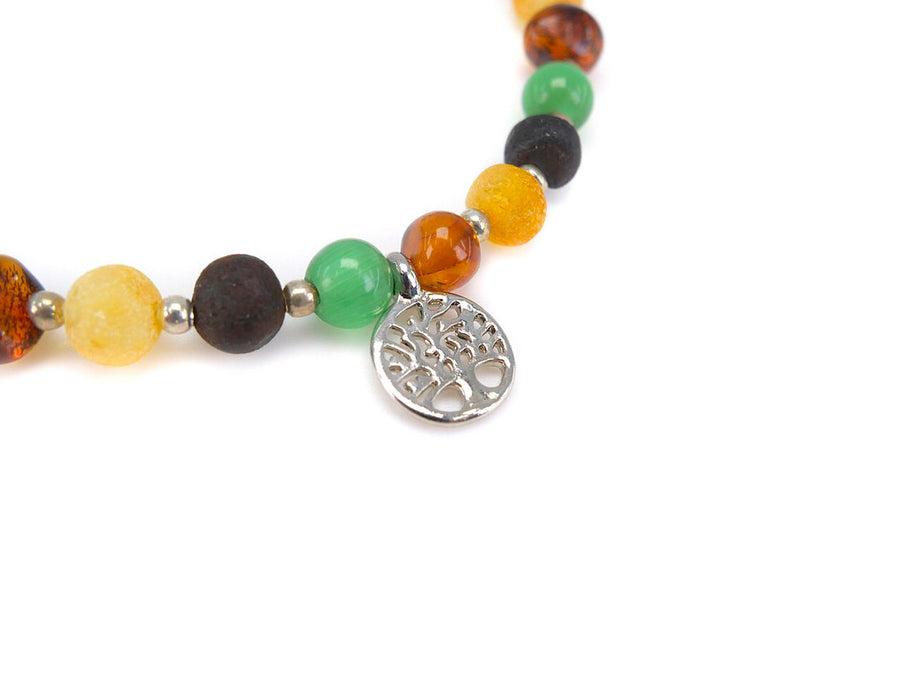 ADJUSTABLE MULTICOLOR BALTIC AMBER ADULT BRACELET WITH CAT EYE & TREE OF LIFE