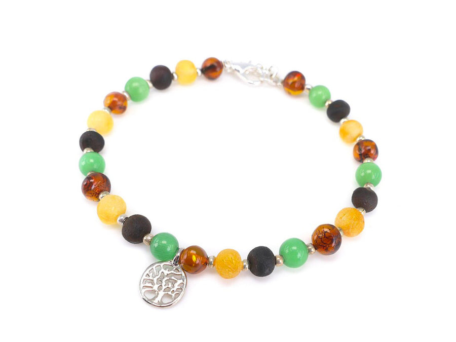 ADJUSTABLE MULTICOLOR BALTIC AMBER ADULT BRACELET WITH CAT EYE & TREE OF LIFE