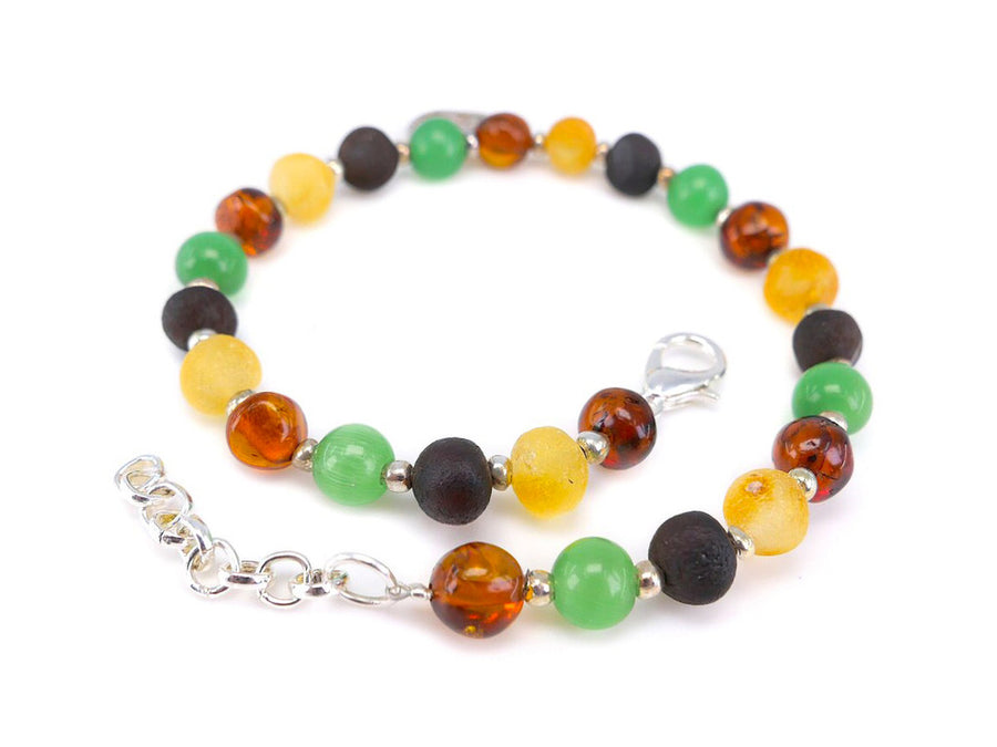 ADJUSTABLE MULTICOLOR BALTIC AMBER ADULT BRACELET WITH CAT EYE & TREE OF LIFE