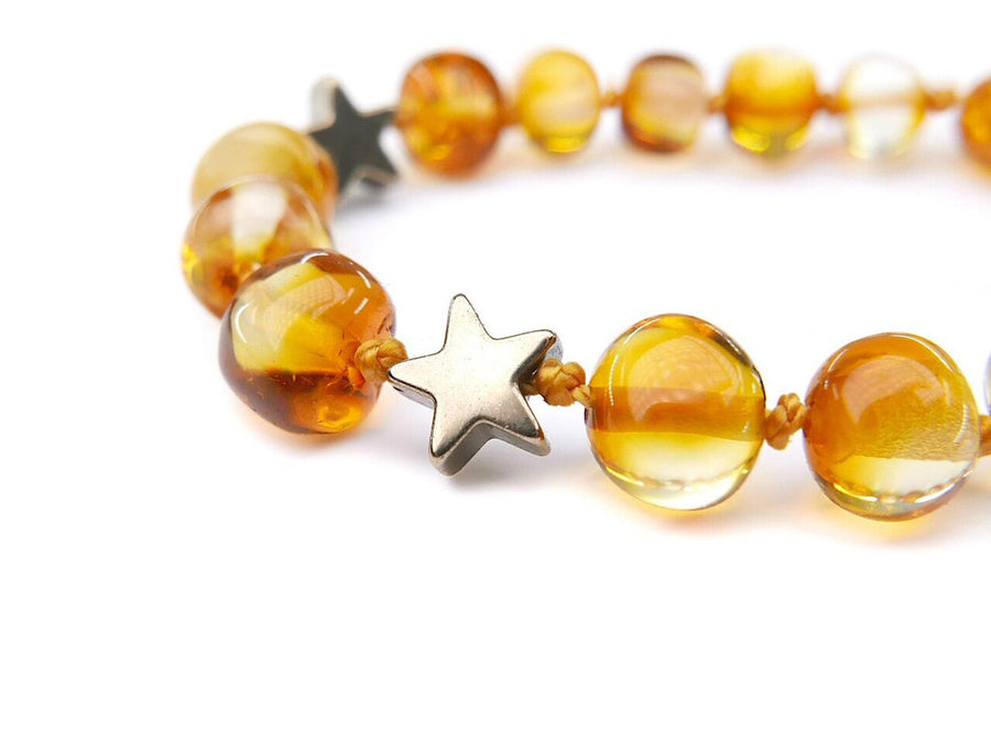 POLISHED HONEY BALTIC AMBER BRACELET / ANKLET WITH HEMATIE STARS