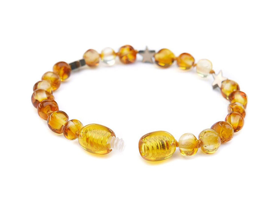 POLISHED HONEY BALTIC AMBER BRACELET / ANKLET WITH HEMATIE STARS