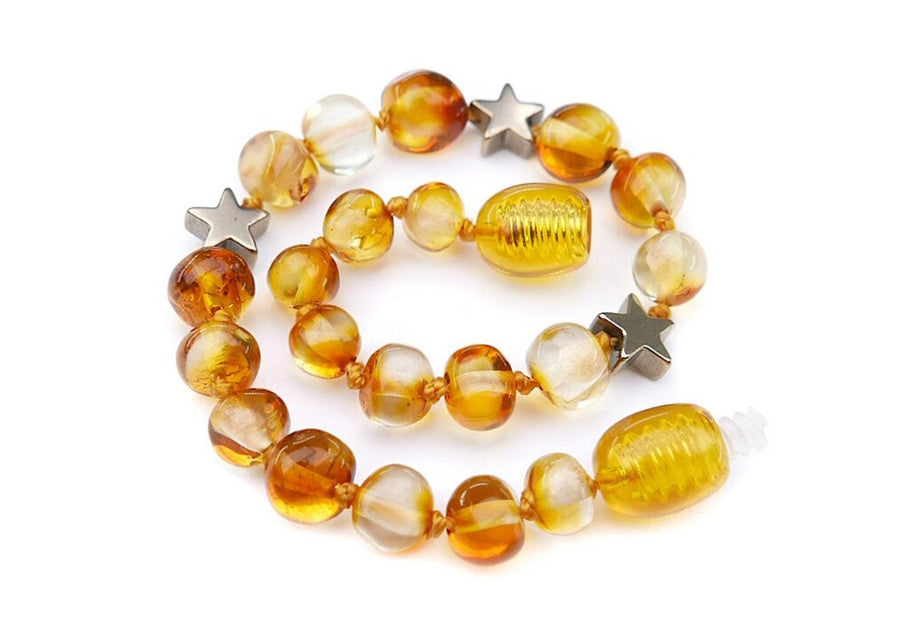 POLISHED HONEY BALTIC AMBER BRACELET / ANKLET WITH HEMATIE STARS