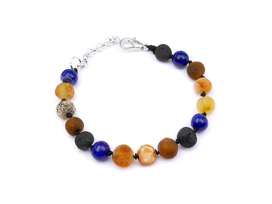 ADJUSTABLE RAW MULTICOLOR BALTIC AMBER BRACELET / ANKLET WITH BLUE AGATE