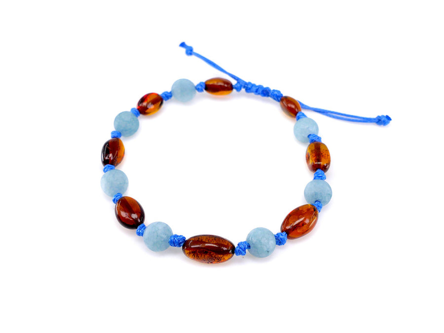 ADJUSTABLE COGNAC BALTIC AMBER BRACELET / ANKLET WITH BLUE AQUAMARINE