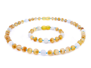 RAW HONEY BALTIC AMBER NECKLACE/BRACELET SET WITH AQUAMARINE