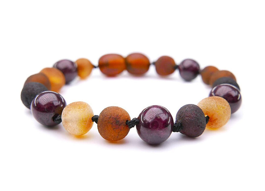 RAW MULTICOLORED BALTIC AMBER BRACELET / ANKLET WITH GARNET BEADS