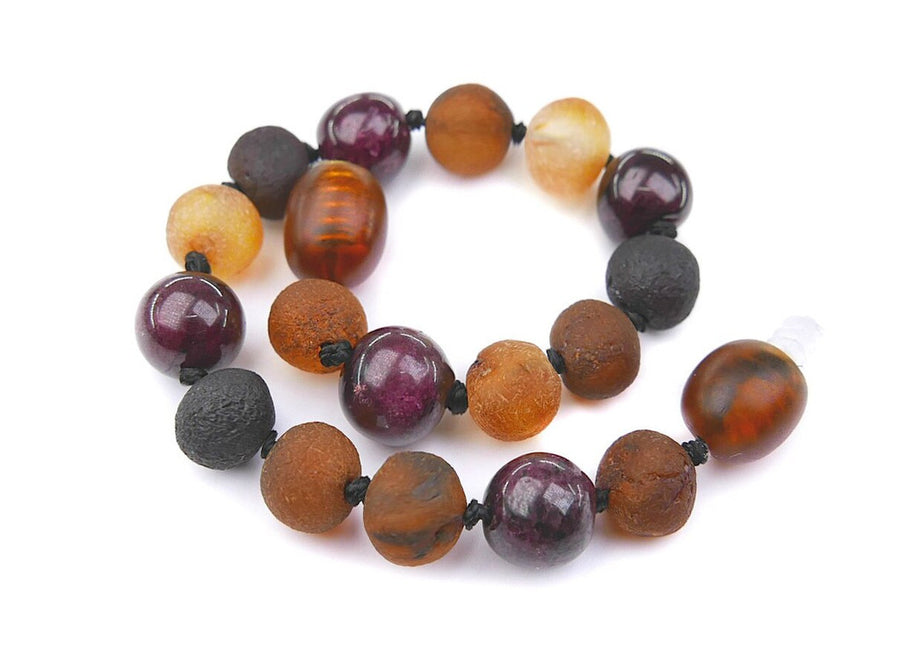 RAW MULTICOLORED BALTIC AMBER BRACELET / ANKLET WITH GARNET BEADS