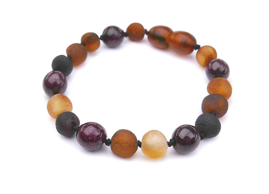 RAW MULTICOLORED BALTIC AMBER BRACELET / ANKLET WITH GARNET BEADS