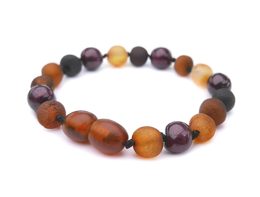 RAW MULTICOLORED BALTIC AMBER BRACELET / ANKLET WITH GARNET BEADS