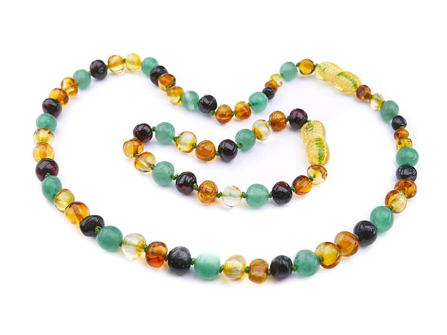 MULTICOLOR BALTIC AMBER NECKLACE/BRACELET SET WITH AVENTURINE